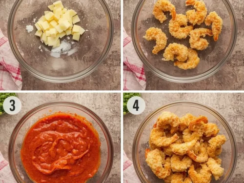Plate of crispy coconut shrimp with a vibrant dipping sauce