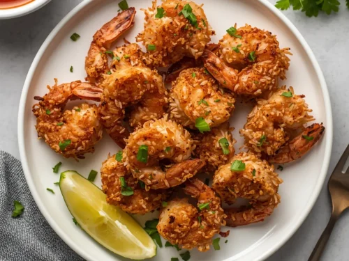 Plate of crispy coconut shrimp with a vibrant dipping sauce