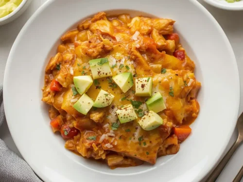 A hearty Crockpot Chicken Enchilada Casserole, freshly made and ready to serve.