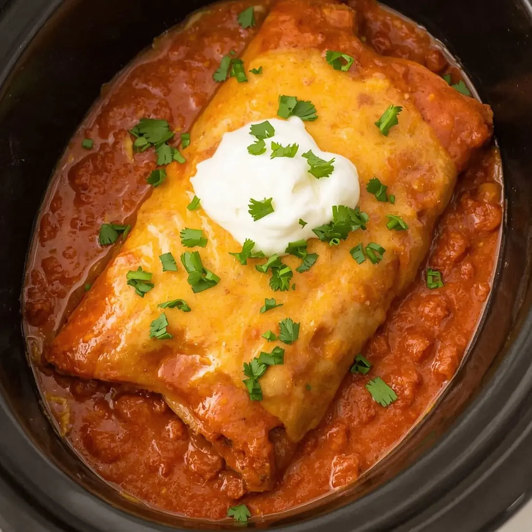 A hearty Crockpot Chicken Enchilada Casserole, freshly made and ready to serve.