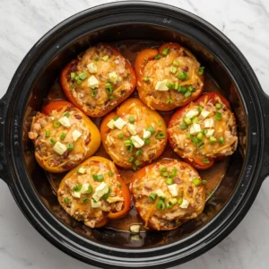 Several Crockpot Chicken Enchilada Stuffed Peppers prepared in a slow cooker.