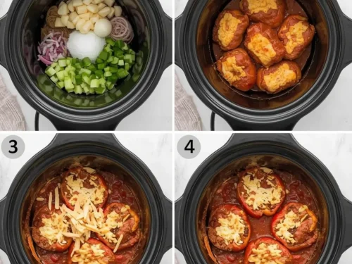 Several Crockpot Chicken Enchilada Stuffed Peppers prepared in a slow cooker.