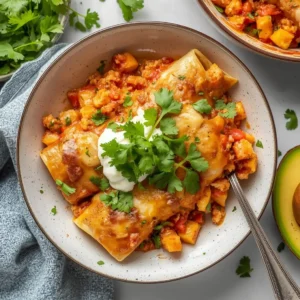A serving of Crockpot Chicken Quinoa Enchiladas topped with fresh cilantro in a bowl.