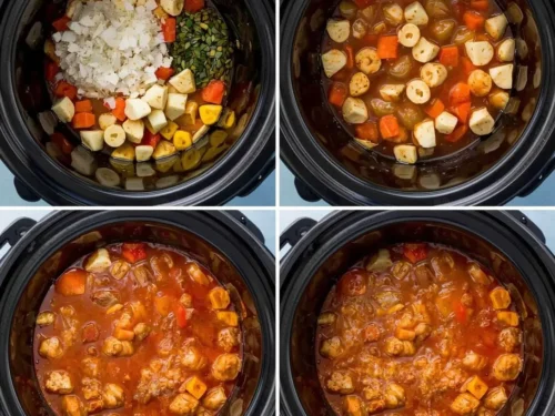 A bubbling crockpot chicken stew with vegetables and herbs