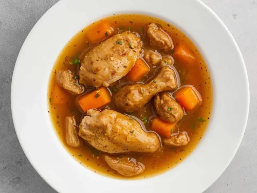 A bubbling crockpot chicken stew with vegetables and herbs