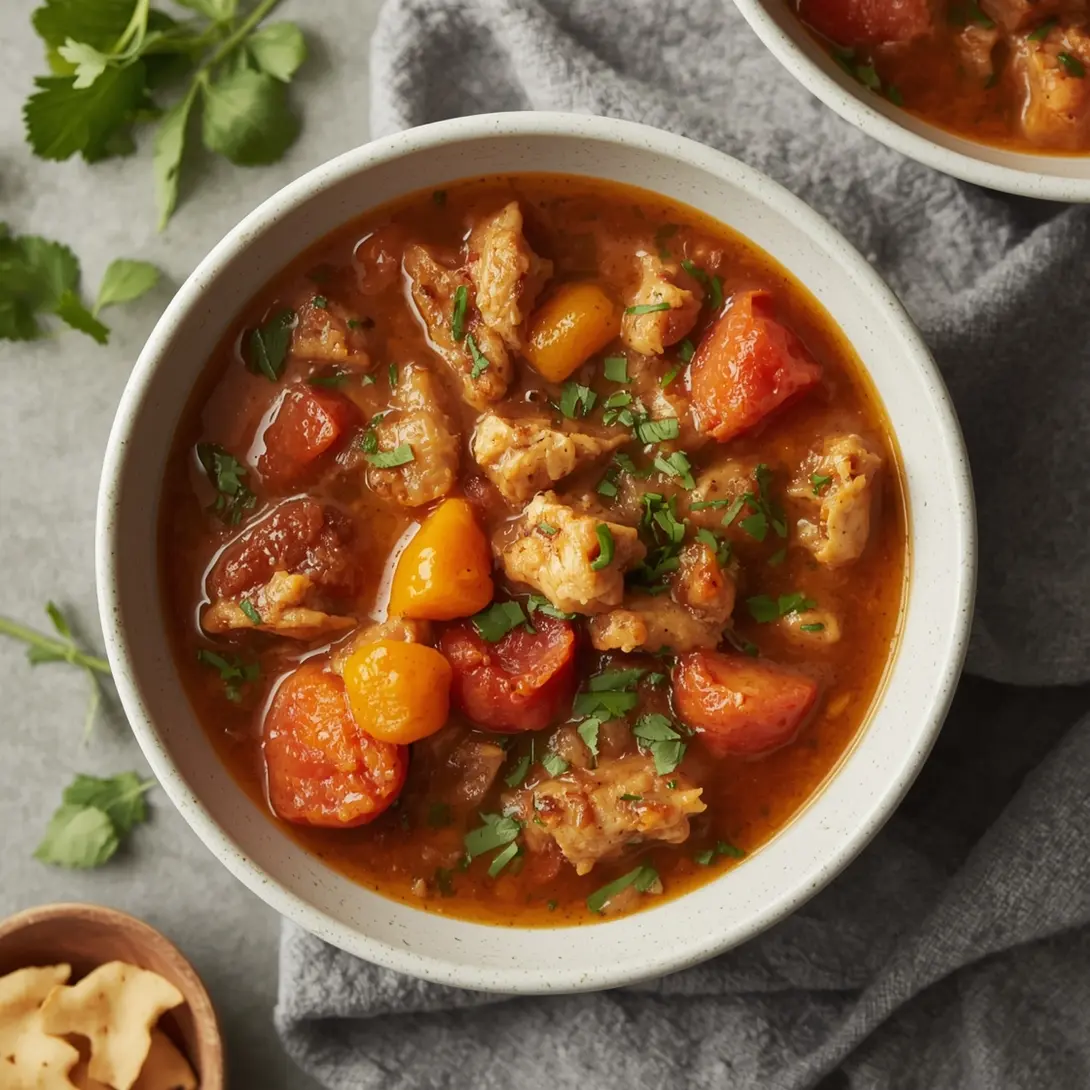 A bubbling crockpot chicken stew with vegetables and herbs