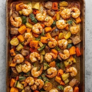 Sheet pan shrimp and veggies roasted to perfection on a baking sheet