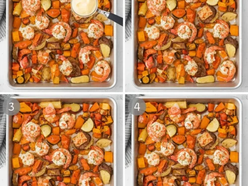 Sheet pan shrimp and veggies roasted to perfection on a baking sheet