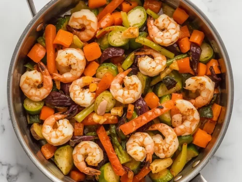 Sheet pan shrimp and veggies roasted to perfection on a baking sheet