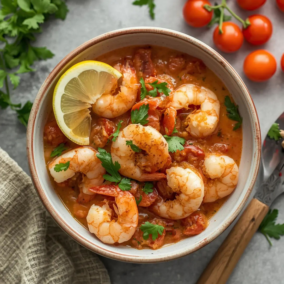 A platter of festive shrimp bruschetta adorned with bright pomegranate seeds.