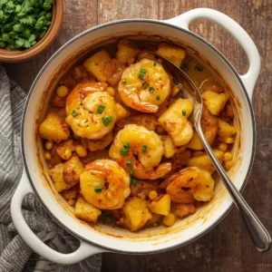A serving of garlic butter shrimp and cornbread dressing in a rustic dish.