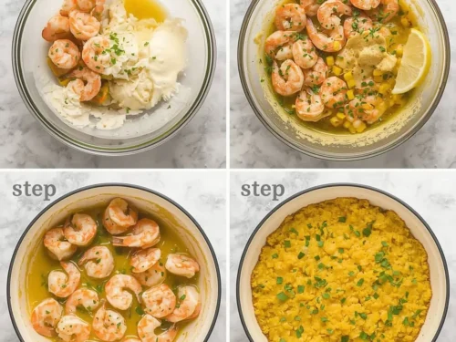 A serving of garlic butter shrimp and cornbread dressing in a rustic dish.