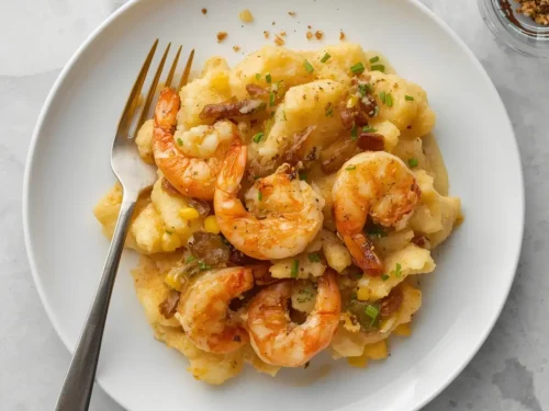 A serving of garlic butter shrimp and cornbread dressing in a rustic dish.