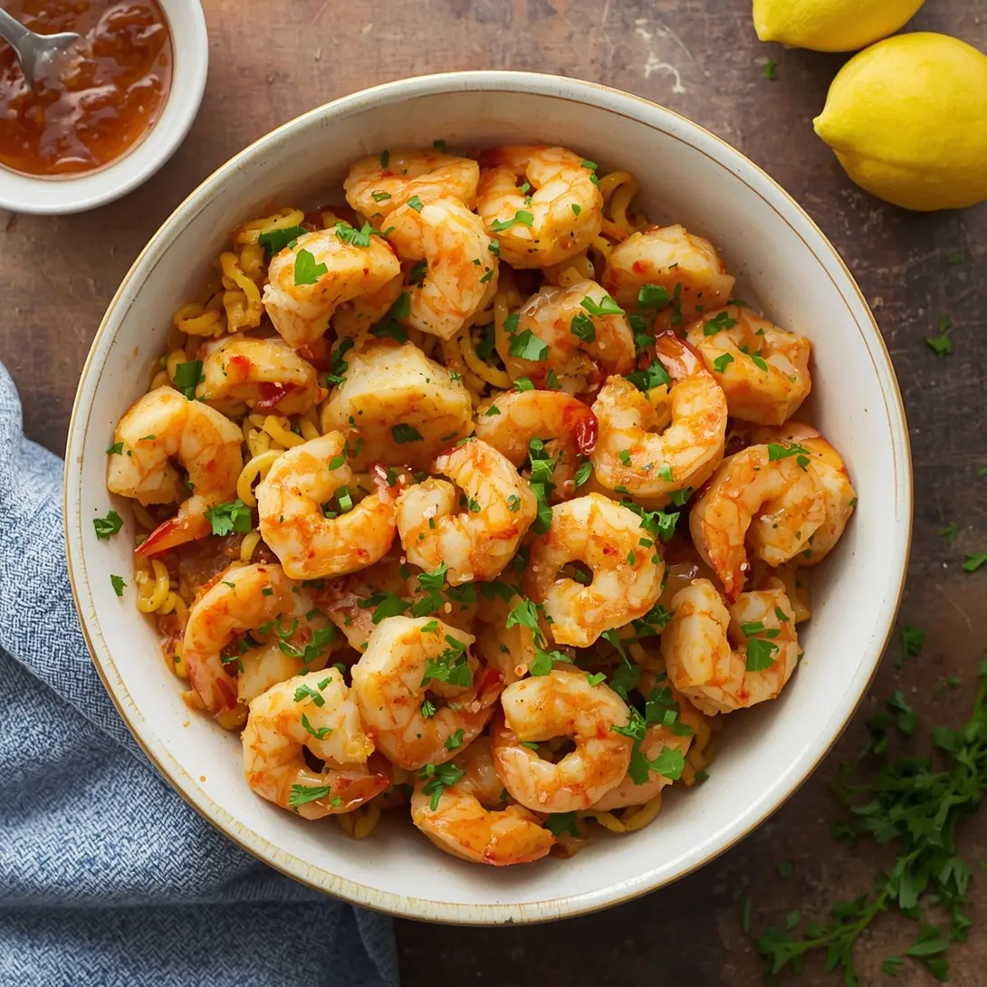 A serving of garlic butter shrimp and cornbread dressing in a rustic dish.
