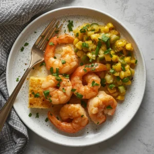 Plate with garlic butter shrimp and a side of cornbread dressing