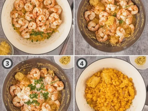 Plate with garlic butter shrimp and a side of cornbread dressing