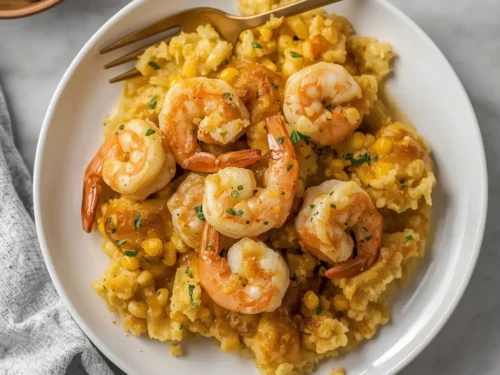 Plate with garlic butter shrimp and a side of cornbread dressing