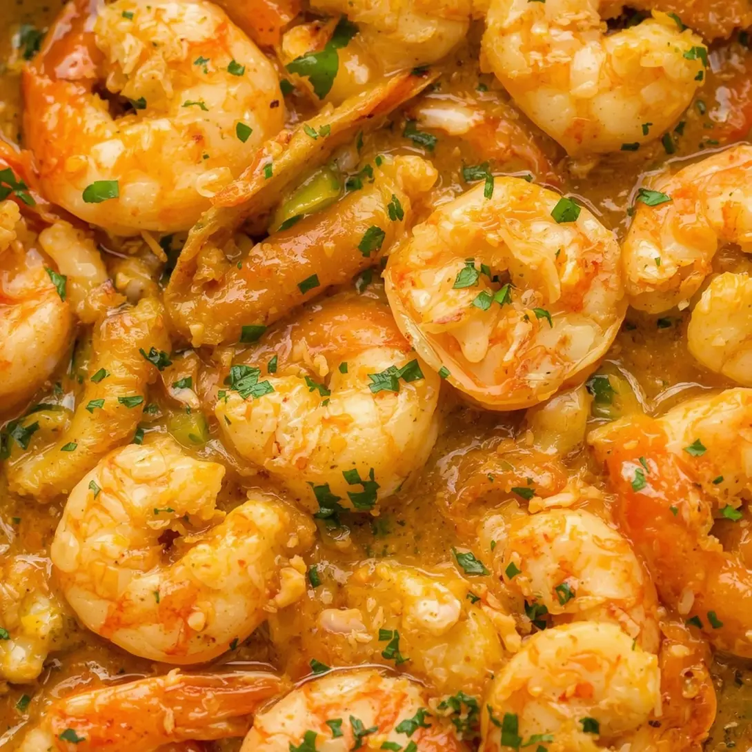 Plate with garlic butter shrimp and a side of cornbread dressing