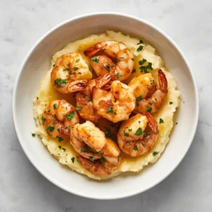 Delicious garlic butter shrimp served over a bed of creamy mashed potatoes in a white bowl.