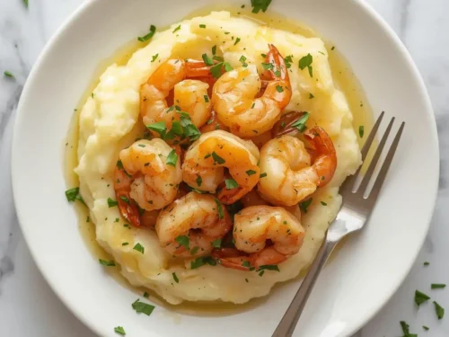 Delicious garlic butter shrimp served over a bed of creamy mashed potatoes in a white bowl.