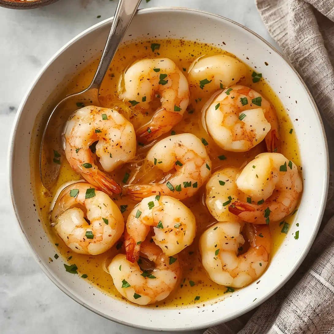Delicious garlic butter shrimp served over a bed of creamy mashed potatoes in a white bowl.