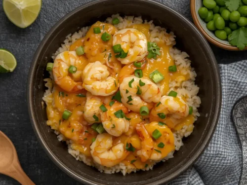 A full bowl of garlic butter shrimp rice, garnished with green onions and parsley
