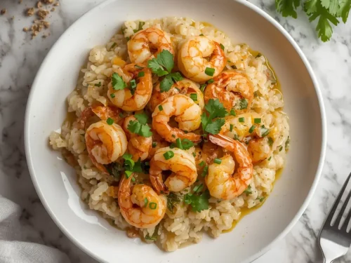 A full bowl of garlic butter shrimp rice, garnished with green onions and parsley