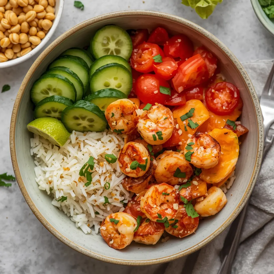 A full bowl of garlic butter shrimp rice, garnished with green onions and parsley