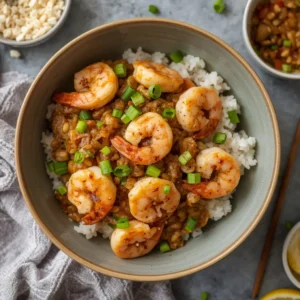 Delicious Garlic Butter Shrimp Rice Bowls with green onions