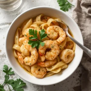 A close-up of garlic butter shrimp scampi pasta in a white bowl with parsley garnish.