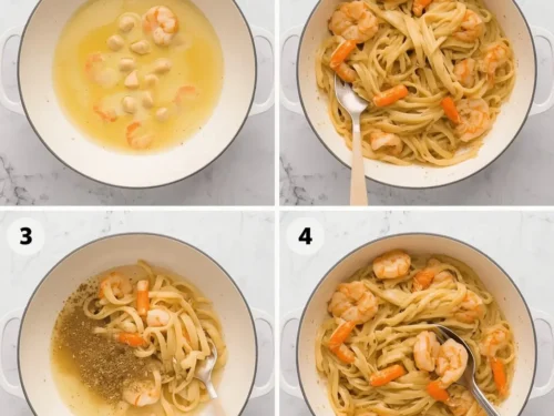 A close-up of garlic butter shrimp scampi pasta in a white bowl with parsley garnish.