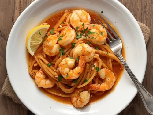 A close-up of garlic butter shrimp scampi pasta in a white bowl with parsley garnish.