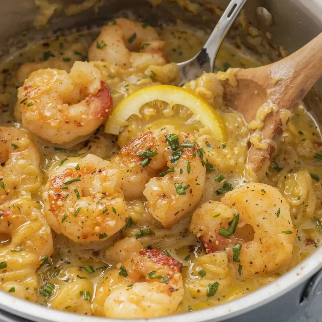 A close-up of garlic butter shrimp scampi pasta in a white bowl with parsley garnish.