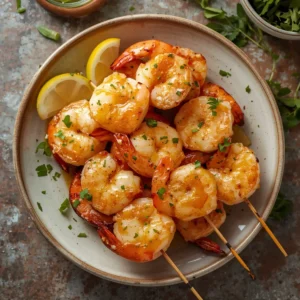 Close-up of garlic butter shrimp skewers arranged for serving
