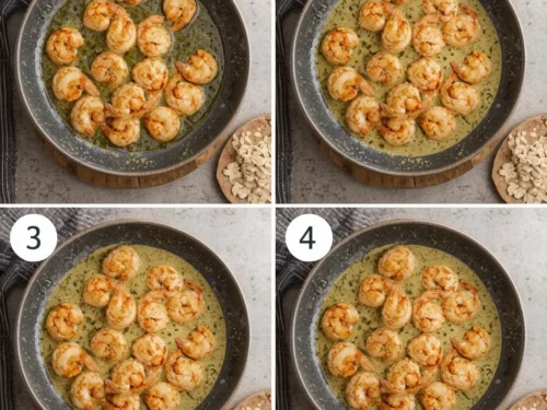 Close-up of garlic butter shrimp skewers arranged for serving