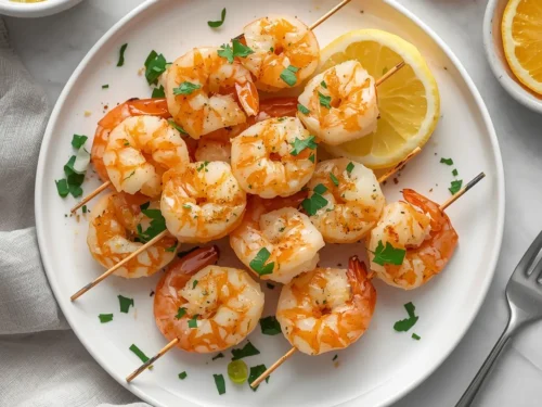 Close-up of garlic butter shrimp skewers arranged for serving