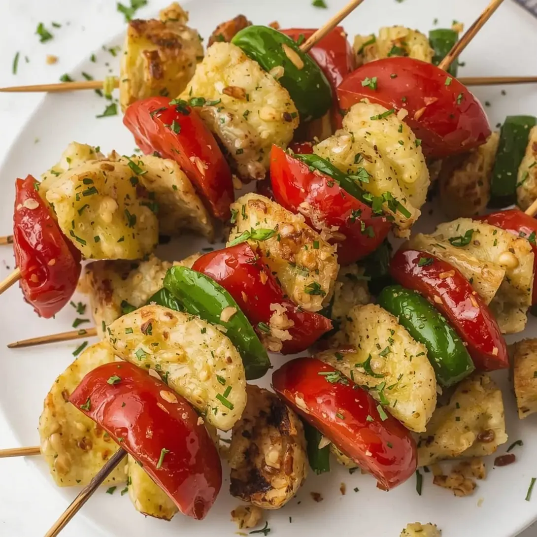 Close-up of garlic butter shrimp skewers arranged for serving