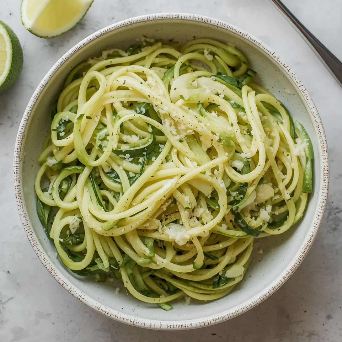 Garlic Butter Shrimp with Zoodles in a white bowl, ready to eat