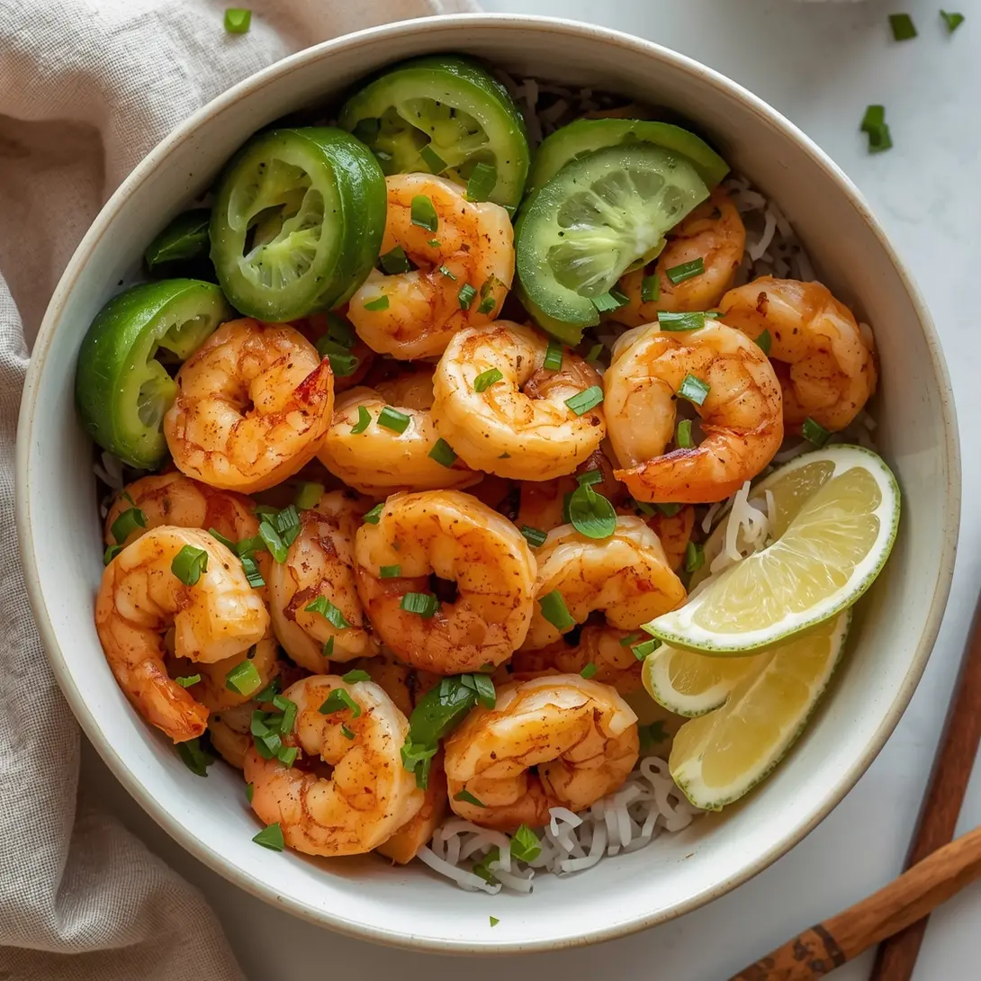 A fresh garlic shrimp burrito bowl with rice, avocado, corn, and cilantro.