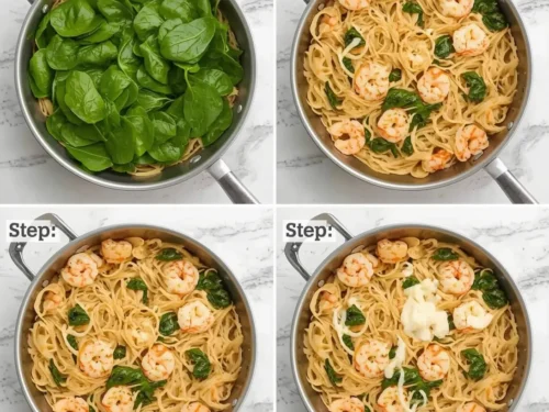 A serving of garlic shrimp linguine with fresh spinach on a white plate.