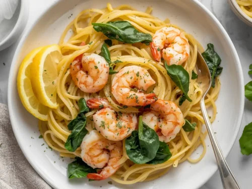 A serving of garlic shrimp linguine with fresh spinach on a white plate.