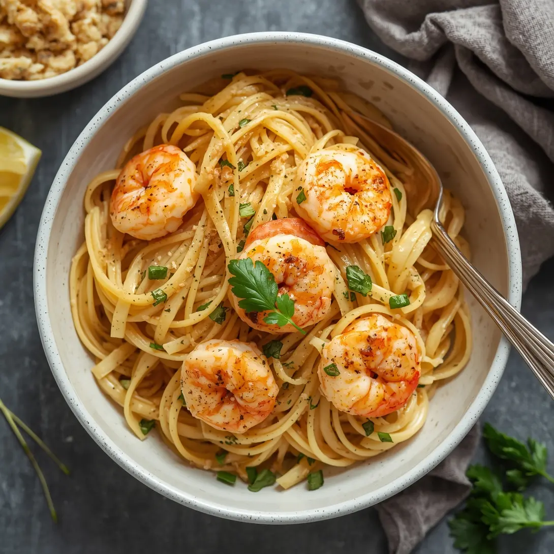A serving of garlic shrimp linguine with fresh spinach on a white plate.