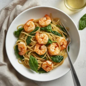 A serving of garlic shrimp linguine with fresh spinach