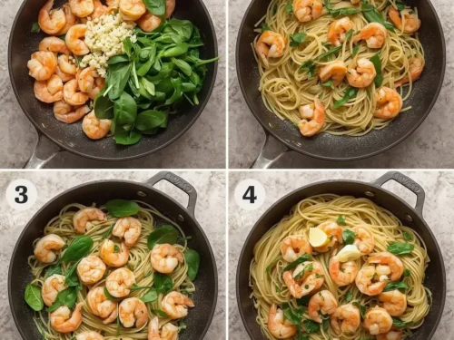 A serving of garlic shrimp linguine with fresh spinach