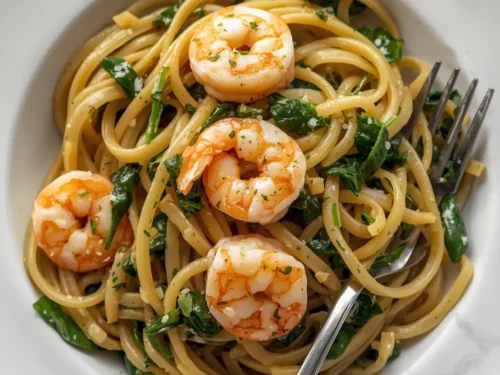 A serving of garlic shrimp linguine with fresh spinach