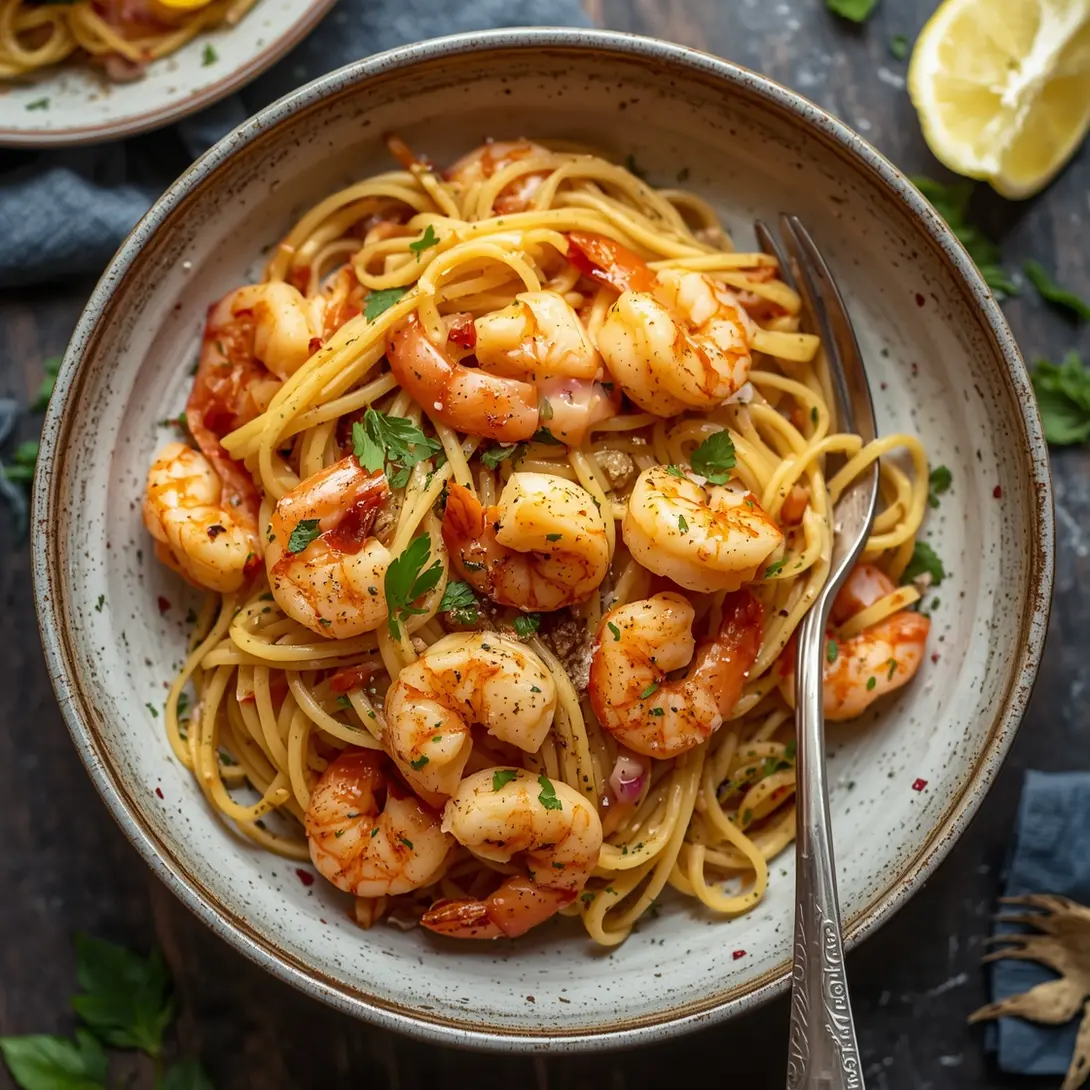 A serving of garlic shrimp linguine with fresh spinach