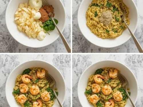 A close-up of Garlic Shrimp and Spinach Orzo in a bowl
