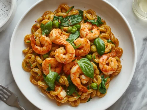 A close-up of Garlic Shrimp and Spinach Orzo in a bowl