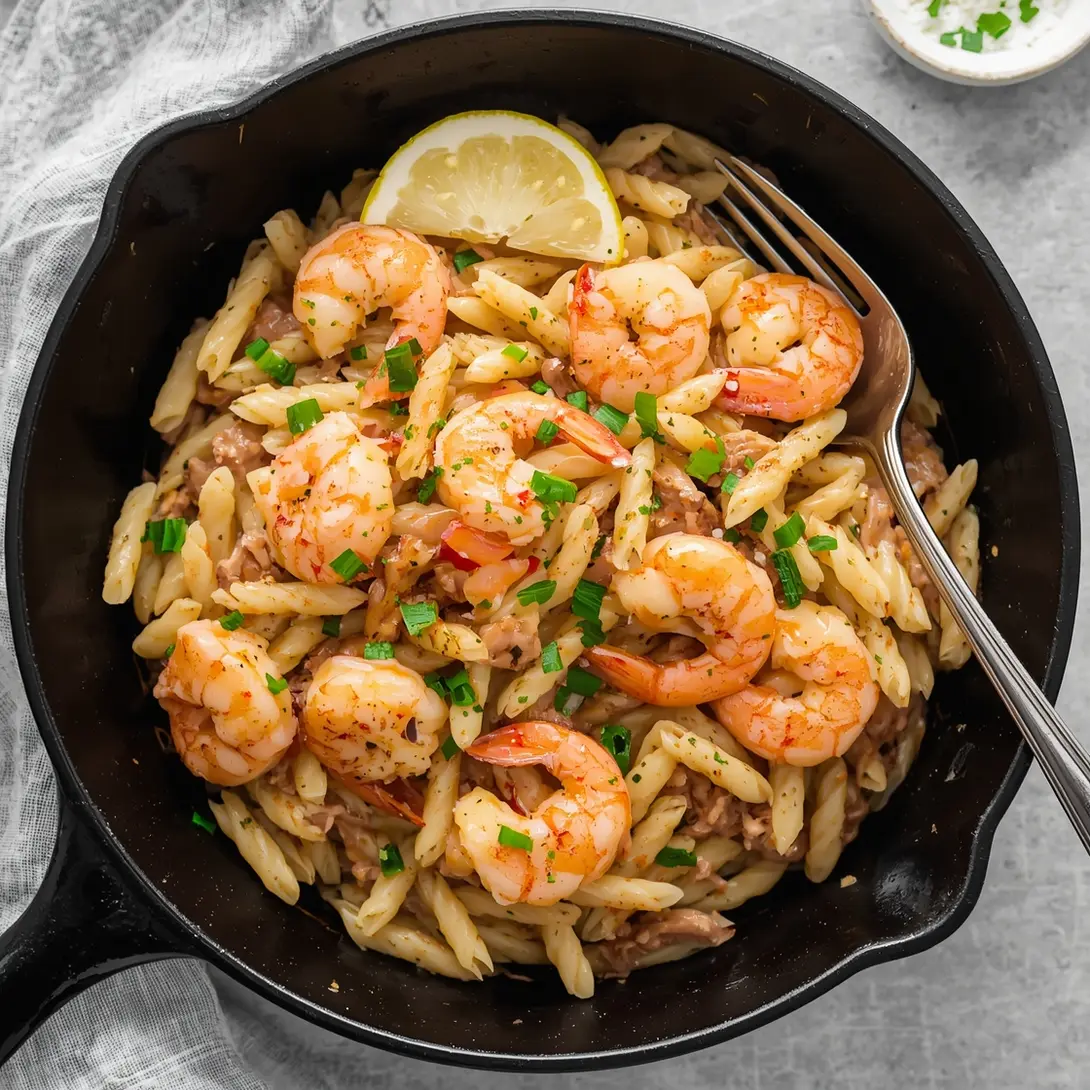 A close-up of Garlic Shrimp and Spinach Orzo in a bowl