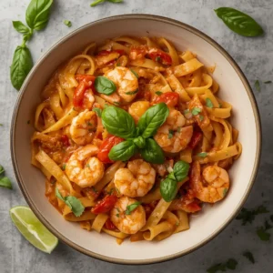A close-up of a bowl of Garlic Shrimp and Tomato Cream Pasta garnished with fresh basil